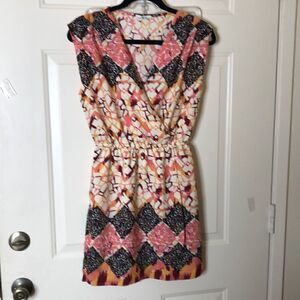 NEW Bar III Ivory, Coral and Black Faux Wrap Dress NWT